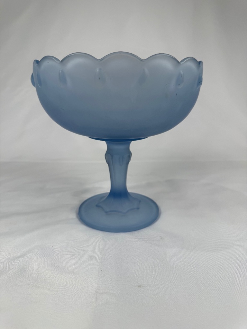 Vintage Blue Satin Glass Compote Pedestal Bowl Frosted Scalloped Candy Dish